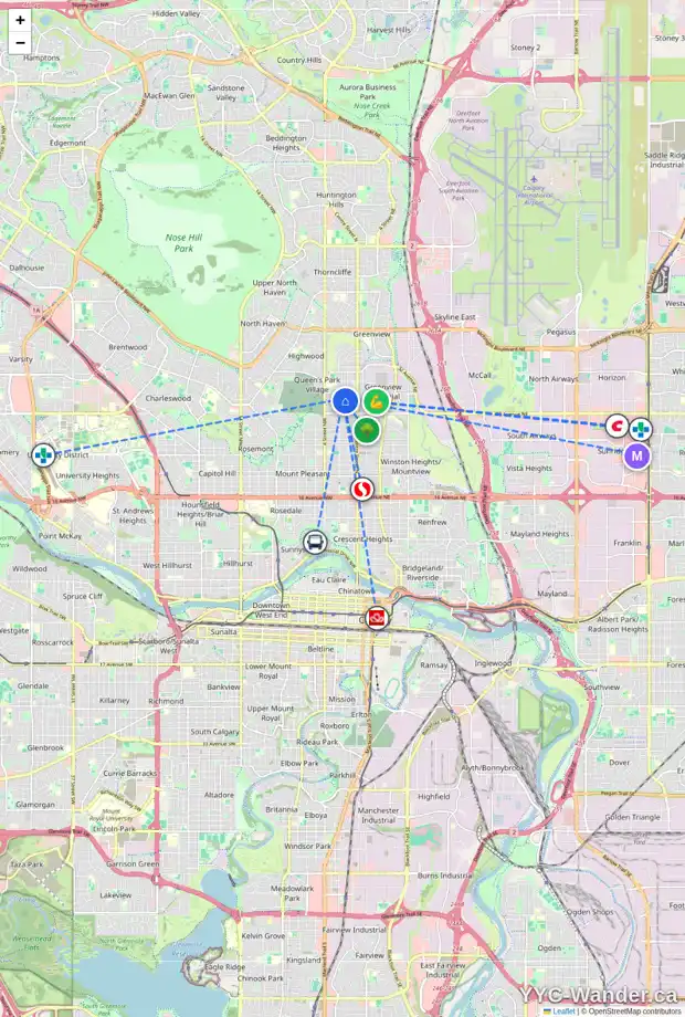 Daily accessibility map for 3602 2 ST NW, Calgary showing nearby schools, grocery stores, parks, LRT stations and nearby amenities
