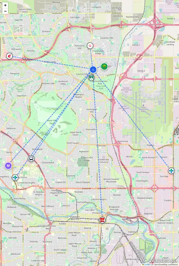 Daily accessibility map for 2016 COUNTRY HILLS CI NW, Calgary showing nearby schools, grocery stores, parks, LRT stations and nearby amenities