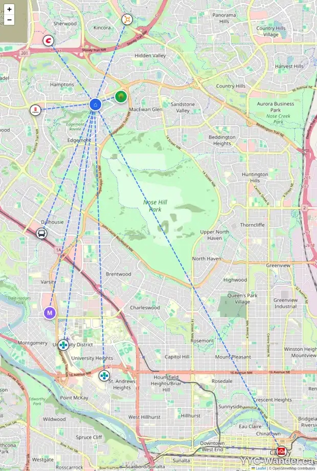 Daily accessibility map for 55 EDGERIDGE ME NW, Calgary showing nearby schools, grocery stores, parks, LRT stations and nearby amenities