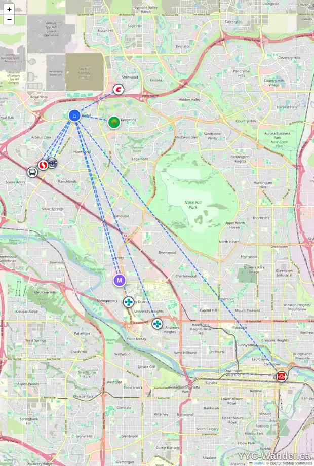 Daily accessibility map for 205 CITADEL RIDGE CL NW, Calgary showing nearby schools, grocery stores, parks, LRT stations and nearby amenities