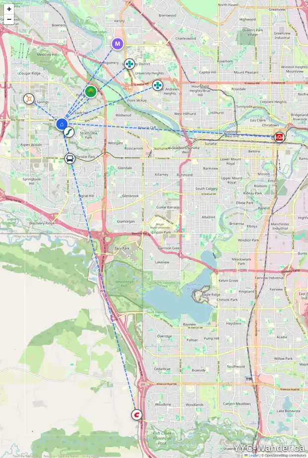 Daily accessibility map for 231 STRATHRIDGE PL SW, Calgary showing nearby schools, grocery stores, parks, LRT stations and nearby amenities