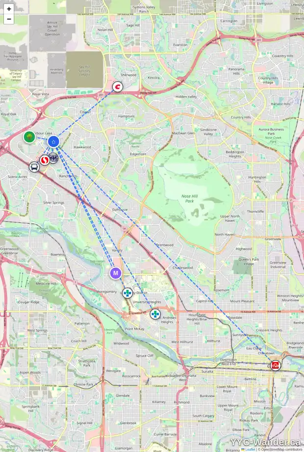 Daily accessibility map for 82 ARBOUR VISTA RD NW, Calgary showing nearby schools, grocery stores, parks, LRT stations and nearby amenities