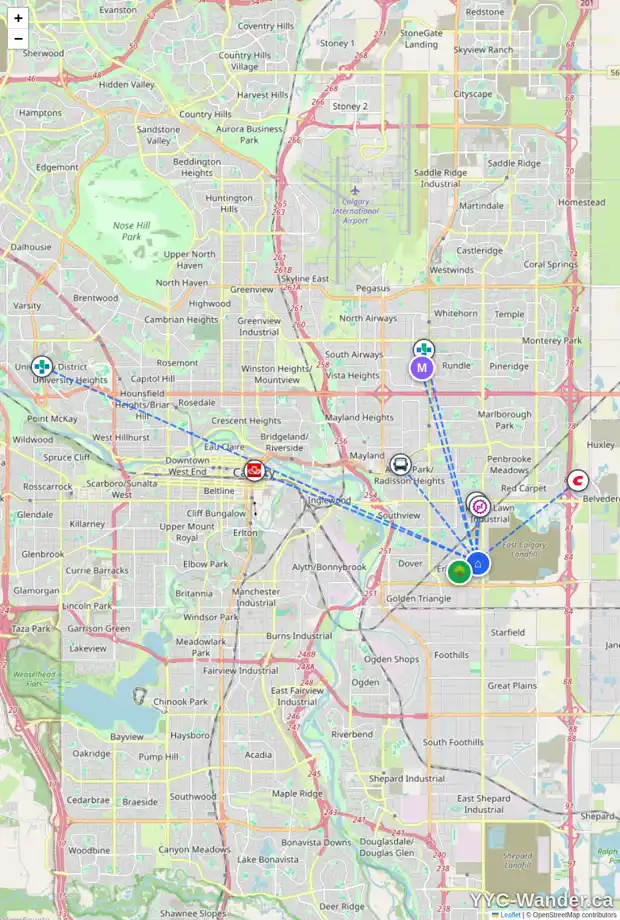 Daily accessibility map for 204 ERIN MEADOW WY SE, Calgary showing nearby schools, grocery stores, parks, LRT stations and nearby amenities