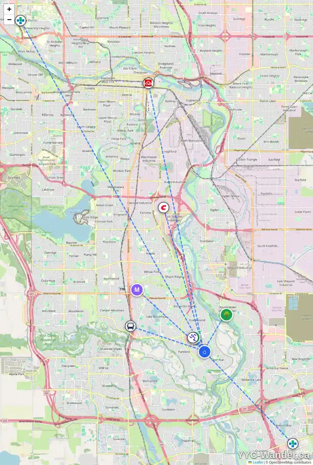 Daily accessibility map for 28 DEER RIDGE CO SE, Calgary showing nearby schools, grocery stores, parks, LRT stations and nearby amenities