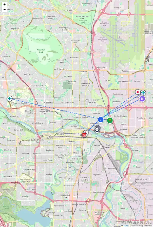 Daily accessibility map for 618 10 ST NE, Calgary showing nearby schools, grocery stores, parks, LRT stations and nearby amenities
