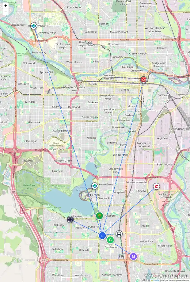 Daily accessibility map for 23 SELKIRK DR SW, Calgary showing nearby schools, grocery stores, parks, LRT stations and nearby amenities