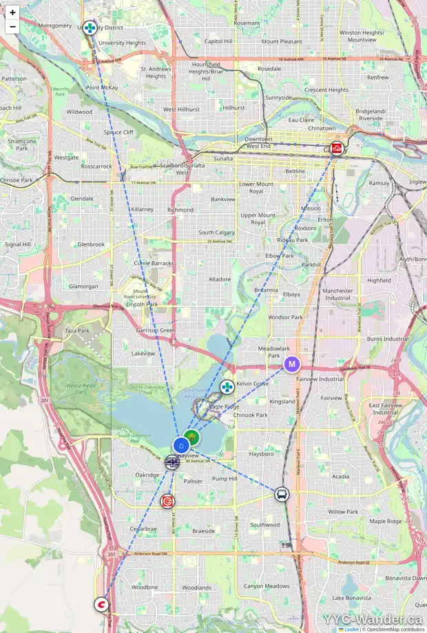 Daily accessibility map for 20 68 BAYCREST PL SW, Calgary showing nearby schools, grocery stores, parks, LRT stations and nearby amenities