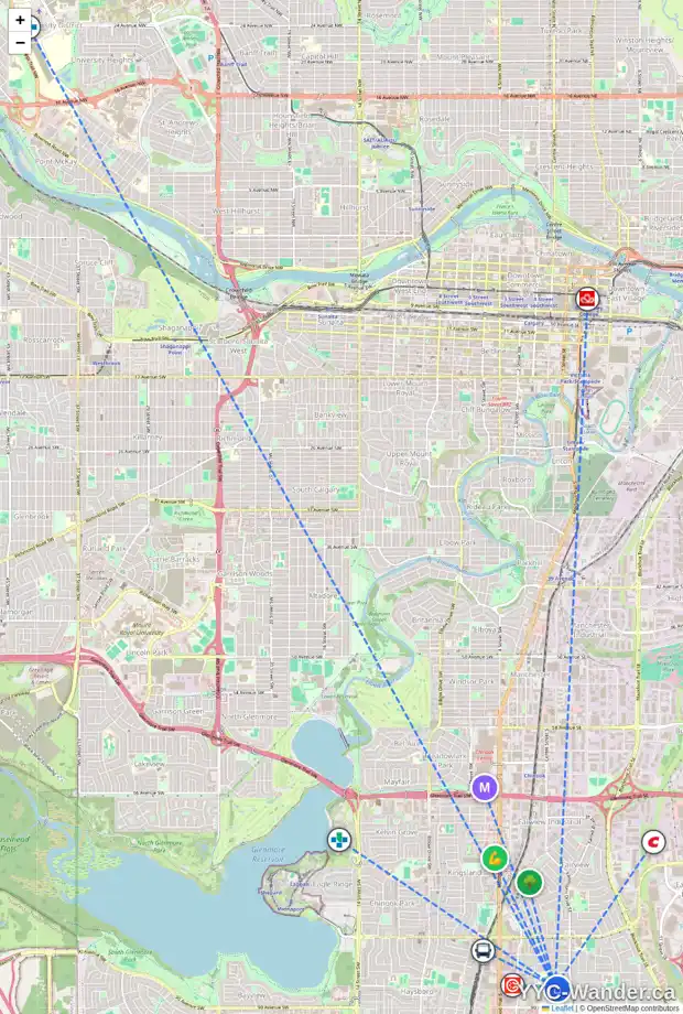Daily accessibility map for 320 ASHLEY CR SE, Calgary showing nearby schools, grocery stores, parks, LRT stations and nearby amenities