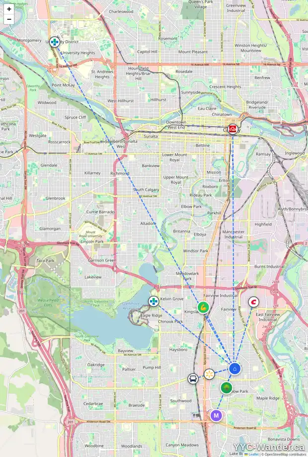 Daily accessibility map for 19 ATLANTA CR SE, Calgary showing nearby schools, grocery stores, parks, LRT stations and nearby amenities