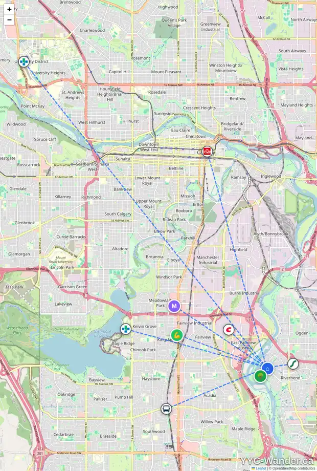 Daily accessibility map for 18 RIVERSIDE CL SE, Calgary showing nearby schools, grocery stores, parks, LRT stations and nearby amenities