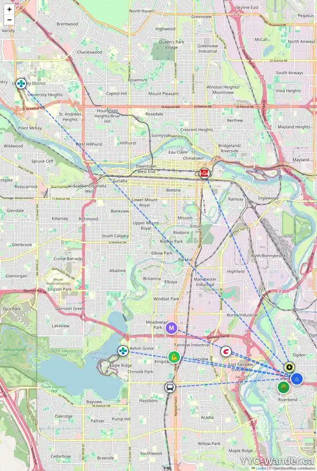 Daily accessibility map for 708 OLYMPIA CR SE, Calgary showing nearby schools, grocery stores, parks, LRT stations and nearby amenities