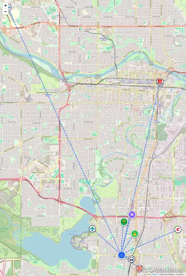 Daily accessibility map for 724 HERITAGE DR SW, Calgary showing nearby schools, grocery stores, parks, LRT stations and nearby amenities