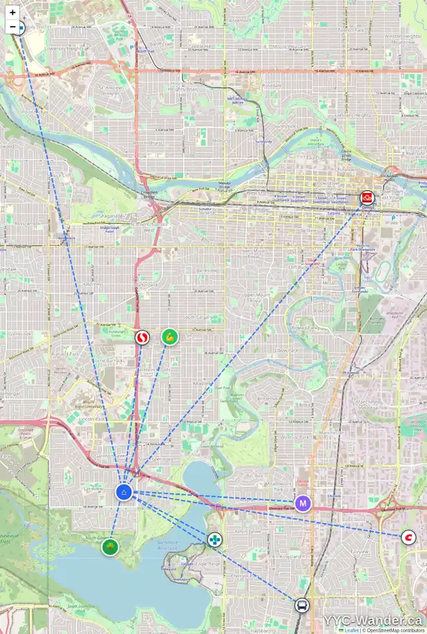 Daily accessibility map for 2631 63 AV SW, Calgary showing nearby schools, grocery stores, parks, LRT stations and nearby amenities