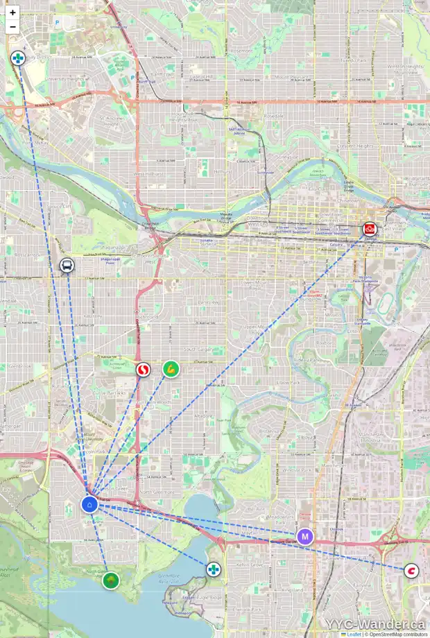 Daily accessibility map for 3428 LANE CR SW, Calgary showing nearby schools, grocery stores, parks, LRT stations and nearby amenities