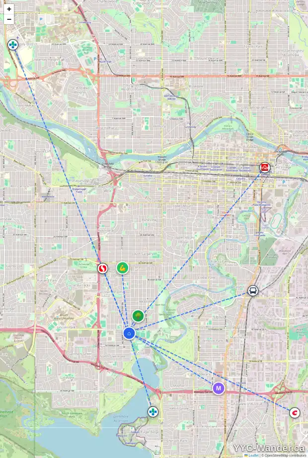 Daily accessibility map for 2012 51 AV SW, Calgary showing nearby schools, grocery stores, parks, LRT stations and nearby amenities