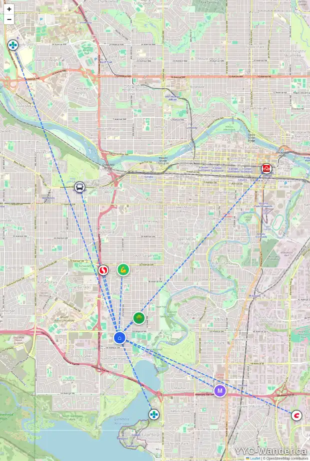 Daily accessibility map for 2127 51 AV SW, Calgary showing nearby schools, grocery stores, parks, LRT stations and nearby amenities