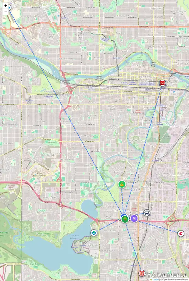 Daily accessibility map for 83 MALIBOU RD SW, Calgary showing nearby schools, grocery stores, parks, LRT stations and nearby amenities