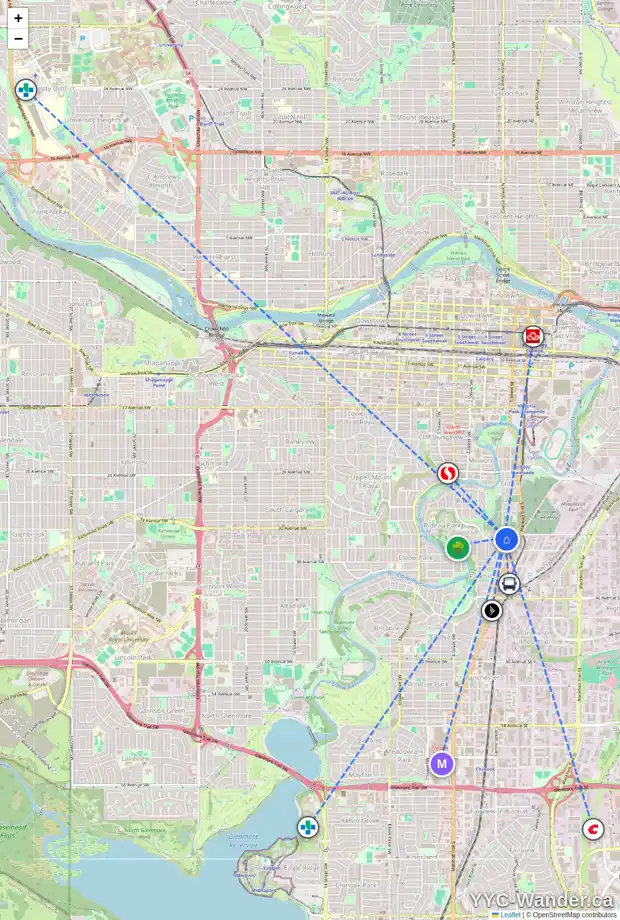 Daily accessibility map for 39 34 AV SW, Calgary showing nearby schools, grocery stores, parks, LRT stations and nearby amenities
