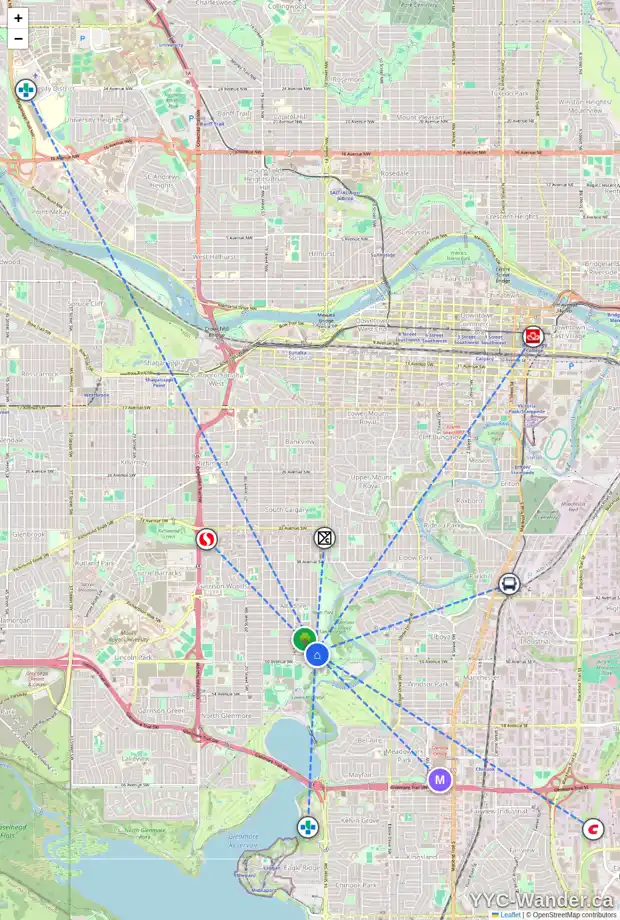 Daily accessibility map for 5003 14A ST SW, Calgary showing nearby schools, grocery stores, parks, LRT stations and nearby amenities