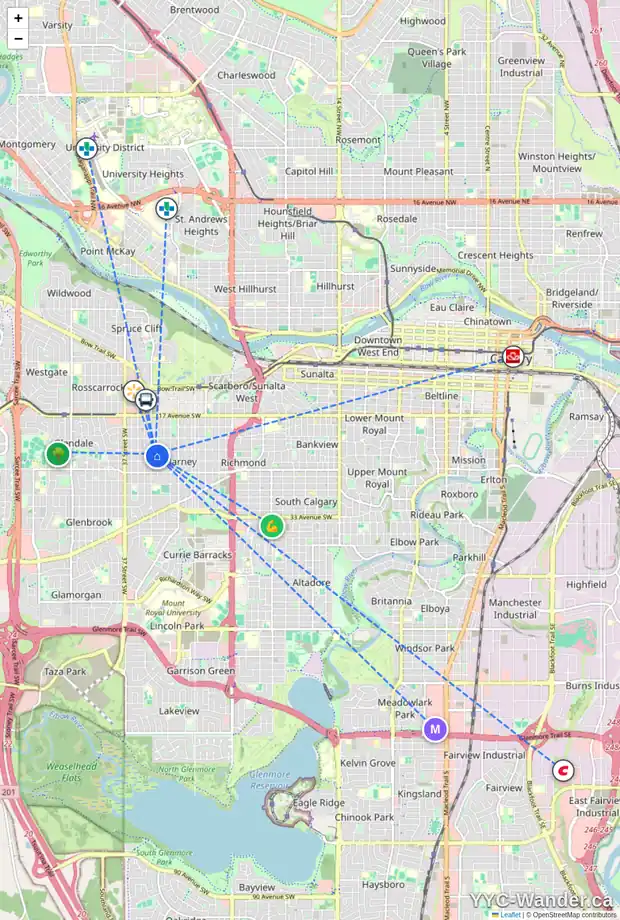 Daily accessibility map for 2415 32 ST SW, Calgary showing nearby schools, grocery stores, parks, LRT stations and nearby amenities