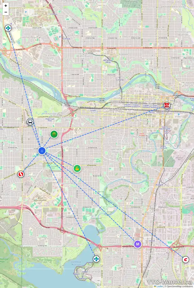 Daily accessibility map for 2811 29 ST SW, Calgary showing nearby schools, grocery stores, parks, LRT stations and nearby amenities