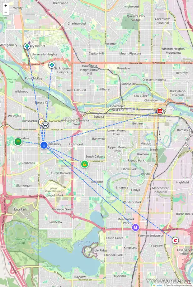 Daily accessibility map for 2608 35 ST SW, Calgary showing nearby schools, grocery stores, parks, LRT stations and nearby amenities