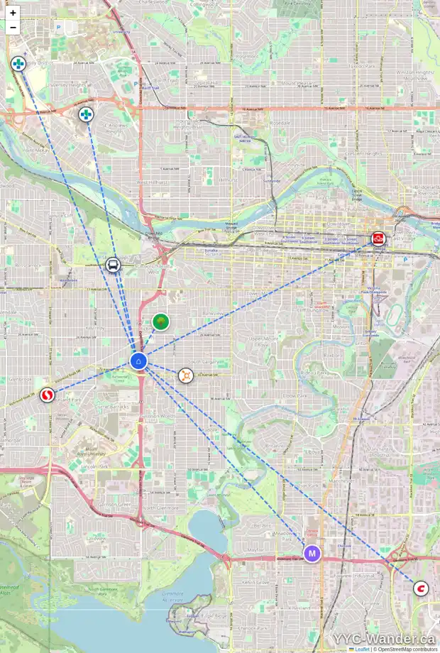 Daily accessibility map for 3208 24A ST SW, Calgary showing nearby schools, grocery stores, parks, LRT stations and nearby amenities
