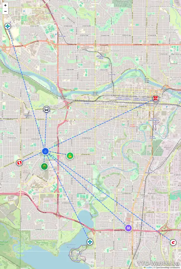 Daily accessibility map for 2736 32 AV SW, Calgary showing nearby schools, grocery stores, parks, LRT stations and nearby amenities