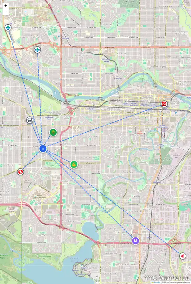 Daily accessibility map for 2812 29 ST SW, Calgary showing nearby schools, grocery stores, parks, LRT stations and nearby amenities