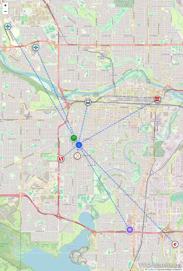 Daily accessibility map for 1921 28 AV SW, Calgary showing nearby schools, grocery stores, parks, LRT stations and nearby amenities
