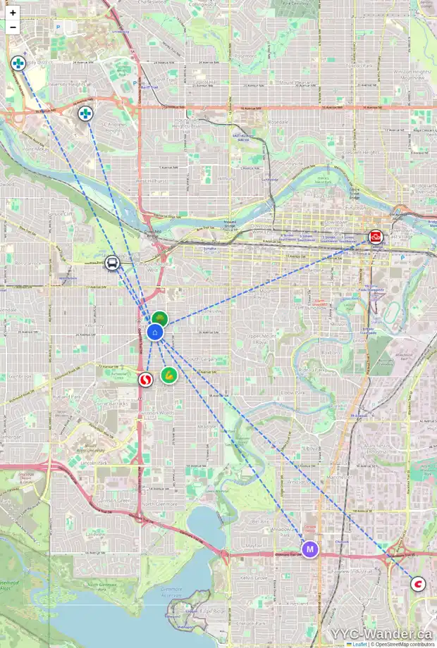 Daily accessibility map for 2416 RICHMOND RD SW, Calgary showing nearby schools, grocery stores, parks, LRT stations and nearby amenities