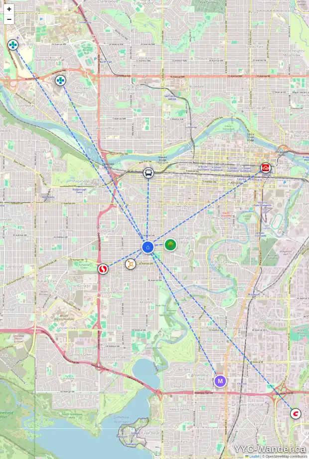 Daily accessibility map for 1716 29 AV SW, Calgary showing nearby schools, grocery stores, parks, LRT stations and nearby amenities