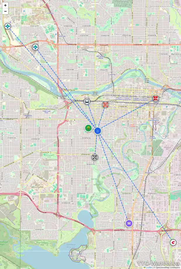 Daily accessibility map for 2221 13 ST SW, Calgary showing nearby schools, grocery stores, parks, LRT stations and nearby amenities