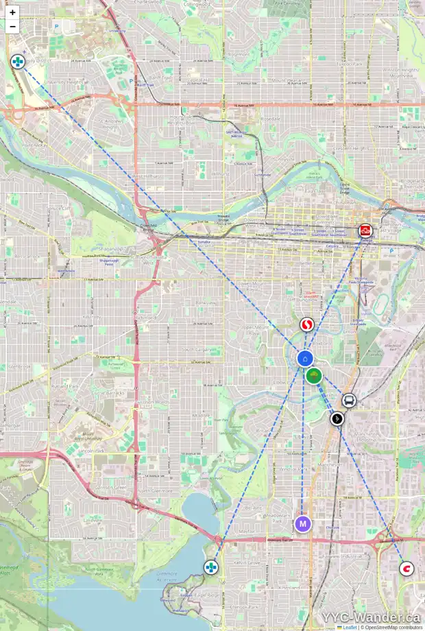 Daily accessibility map for 11 3231 RIDEAU PL SW, Calgary showing nearby schools, grocery stores, parks, LRT stations and nearby amenities