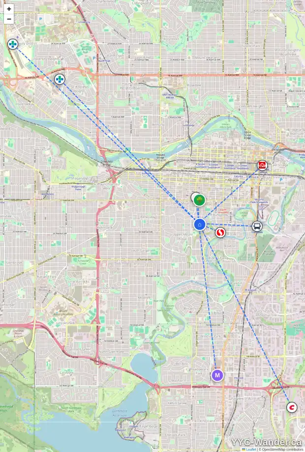 Daily accessibility map for 814 PROSPECT AV SW, Calgary showing nearby schools, grocery stores, parks, LRT stations and nearby amenities