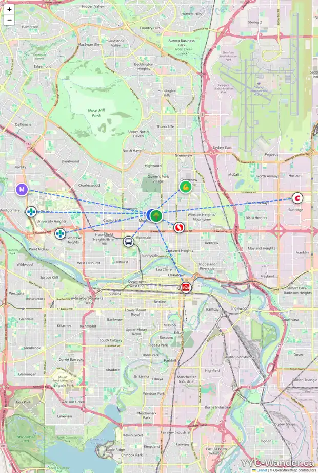 Daily accessibility map for 724 23 AV NW, Calgary showing nearby schools, grocery stores, parks, LRT stations and nearby amenities