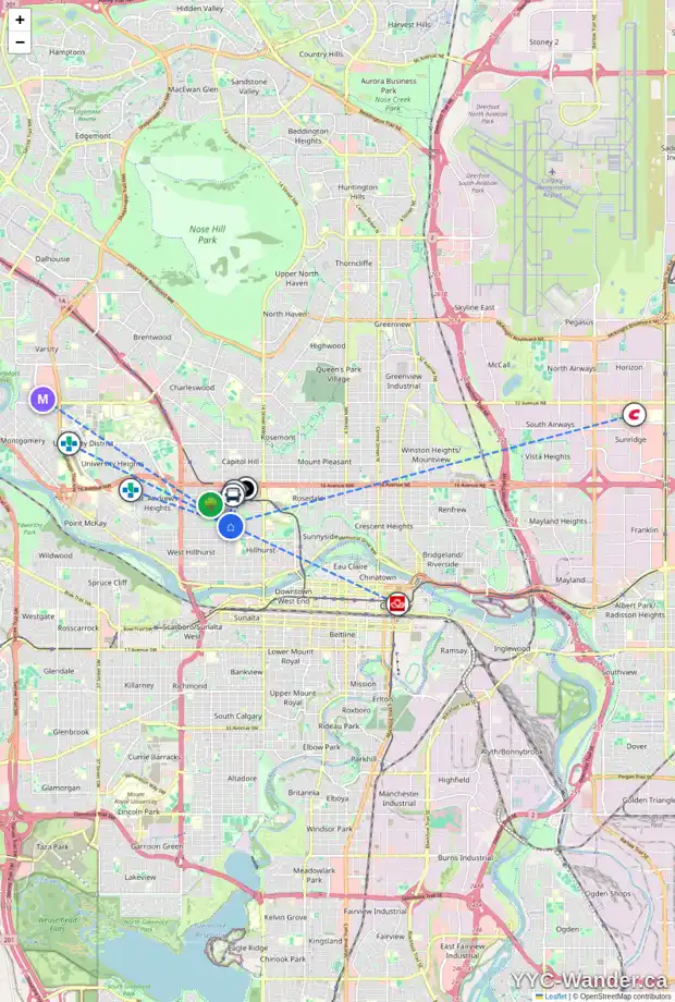 Daily accessibility map for 1936 8 AV NW, Calgary showing nearby schools, grocery stores, parks, LRT stations and nearby amenities