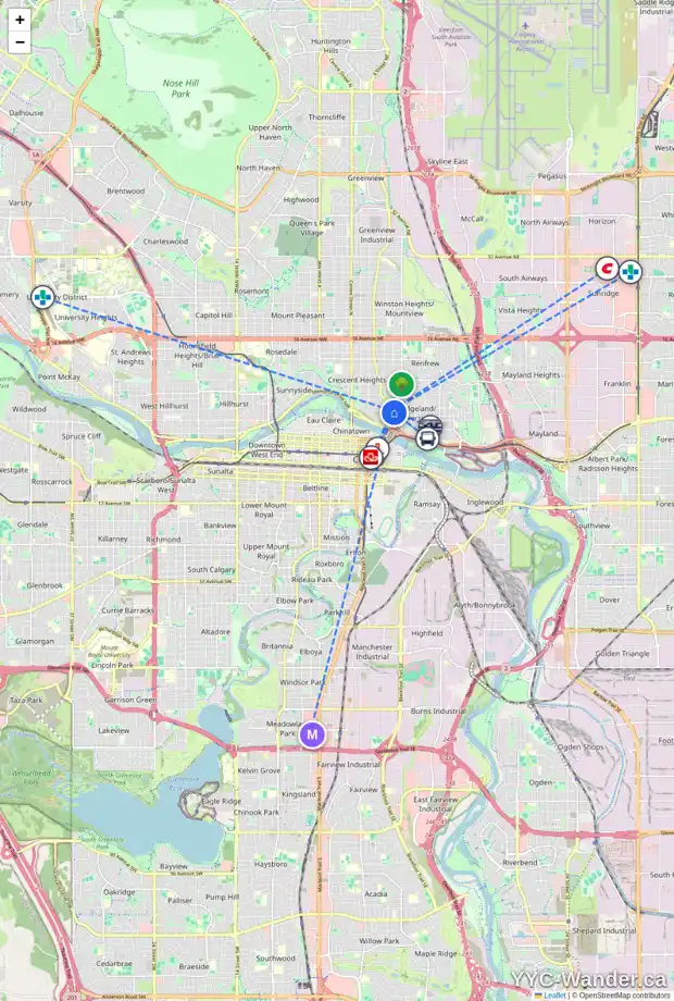 Daily accessibility map for 609 2 AV NE, Calgary showing nearby schools, grocery stores, parks, LRT stations and nearby amenities