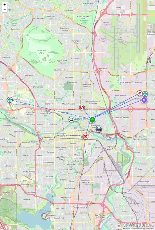 Daily accessibility map for 207 611 8 AV NE, Calgary showing nearby schools, grocery stores, parks, LRT stations and nearby amenities