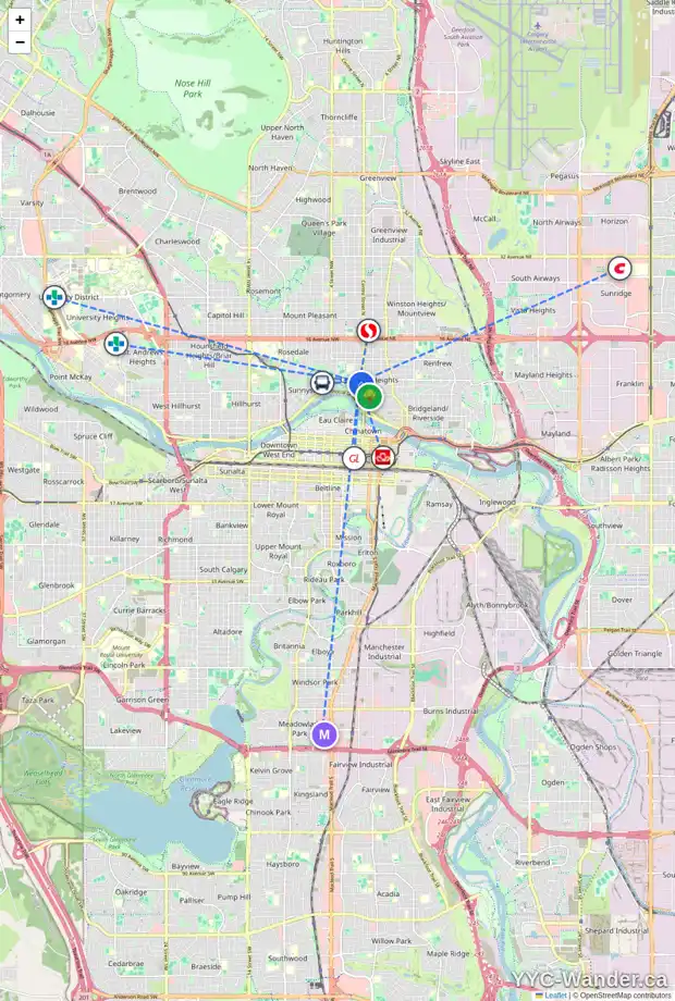 Daily accessibility map for 118 7 AV NW, Calgary showing nearby schools, grocery stores, parks, LRT stations and nearby amenities