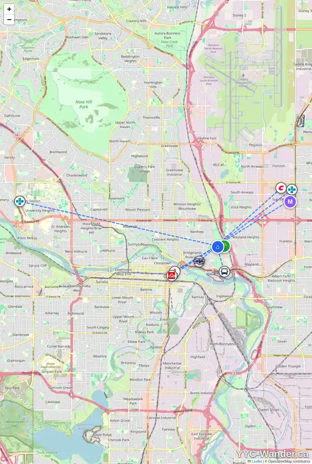 Daily accessibility map for 501 13A ST NE, Calgary showing nearby schools, grocery stores, parks, LRT stations and nearby amenities