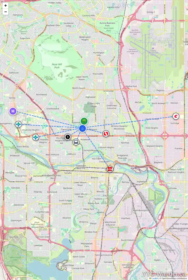 Daily accessibility map for 1105 22 AV NW, Calgary showing nearby schools, grocery stores, parks, LRT stations and nearby amenities