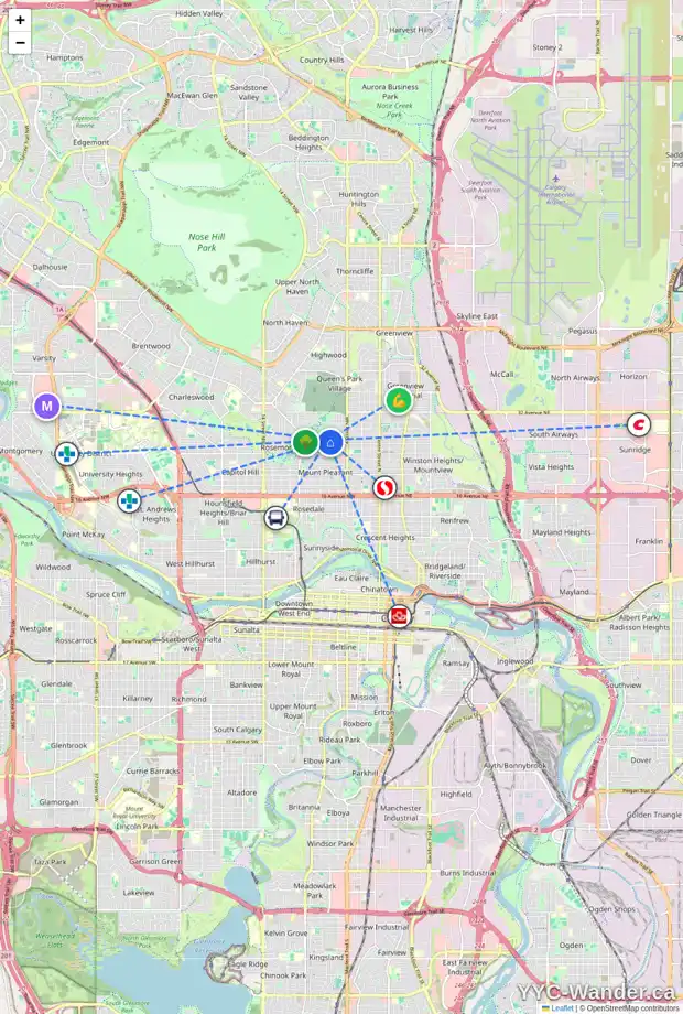 Daily accessibility map for 649 27 AV NW, Calgary showing nearby schools, grocery stores, parks, LRT stations and nearby amenities