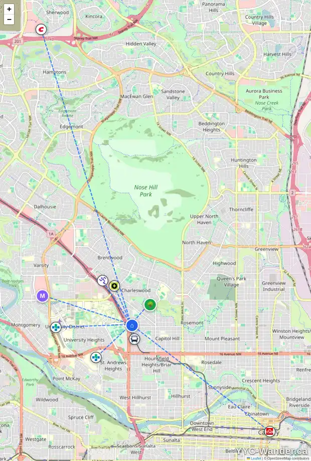 Daily accessibility map for 2425 25 AV NW, Calgary showing nearby schools, grocery stores, parks, LRT stations and nearby amenities