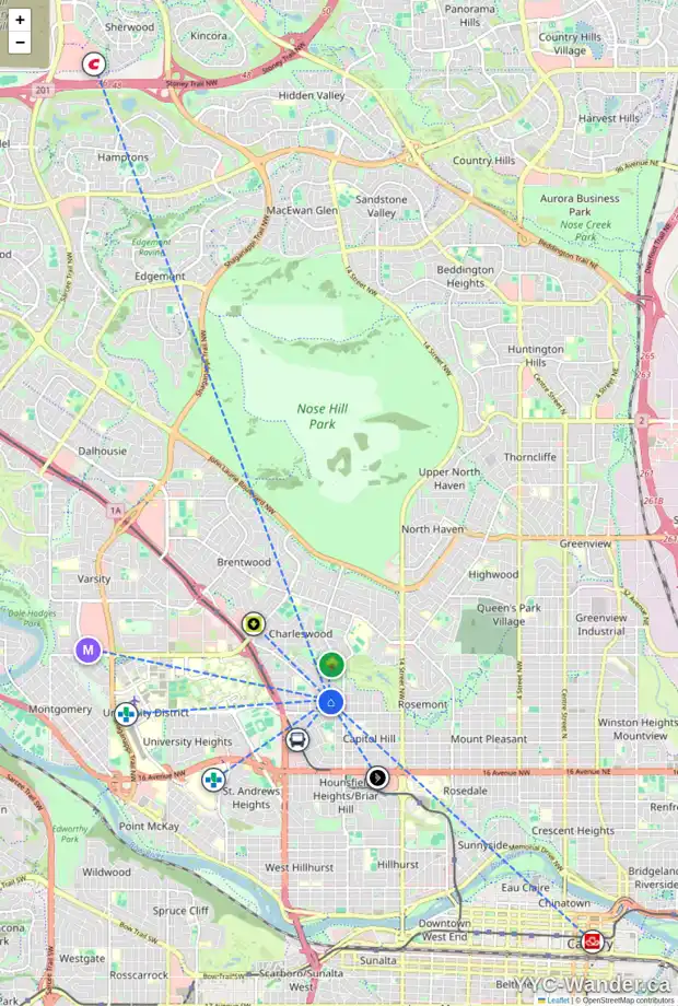 Daily accessibility map for 2607 MORLEY TR NW, Calgary showing nearby schools, grocery stores, parks, LRT stations and nearby amenities
