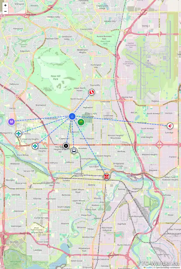 Daily accessibility map for 63 CONNAUGHT DR NW, Calgary showing nearby schools, grocery stores, parks, LRT stations and nearby amenities