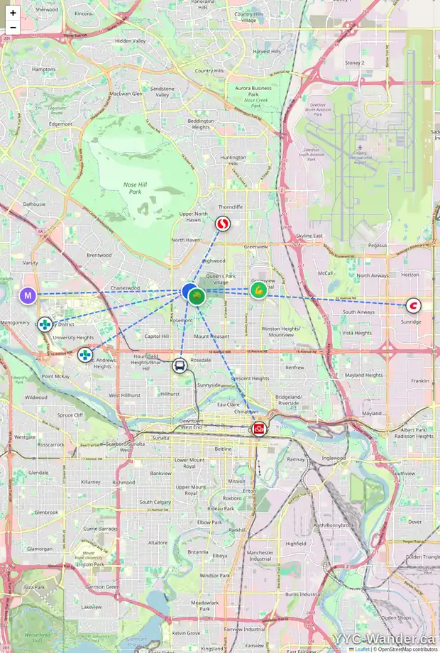Daily accessibility map for 26 CARDIFF PL NW, Calgary showing nearby schools, grocery stores, parks, LRT stations and nearby amenities