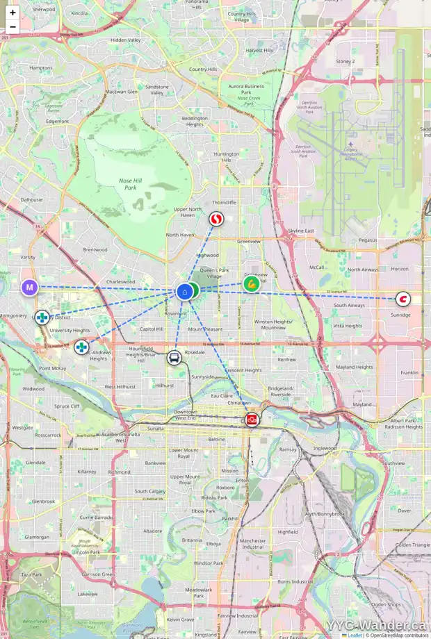 Daily accessibility map for 16 CUMBERLAND DR NW, Calgary showing nearby schools, grocery stores, parks, LRT stations and nearby amenities