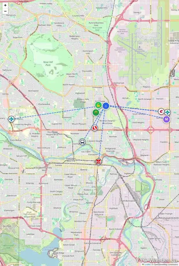Daily accessibility map for 616 34 AV NE, Calgary showing nearby schools, grocery stores, parks, LRT stations and nearby amenities