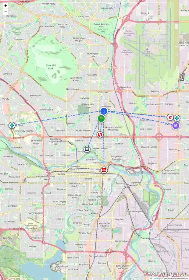 Daily accessibility map for 240 34 AV NE, Calgary showing nearby schools, grocery stores, parks, LRT stations and nearby amenities